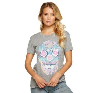 CHASER Day of the Dead colorful skull Cotton Blend Tshirt in grey, Medium